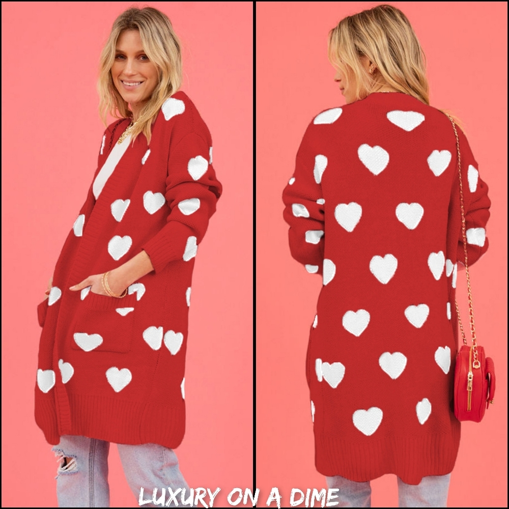 Contrasting Heart Knit Open Front Longline Pocket Sweater Cardigan Valentine - Picture 2 of 9